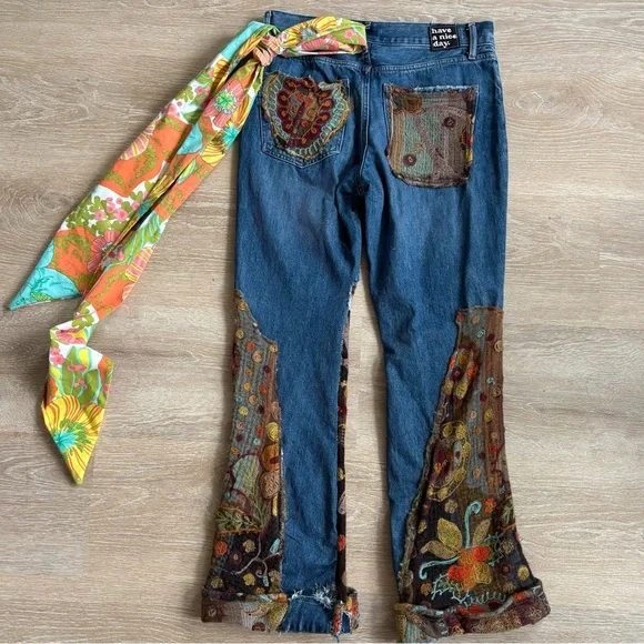 Handmade Upcycled 70s Flare Hippie Patchwork Jeans